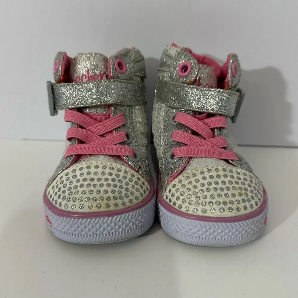 Skechers Twinkle Toes Silver and Pink Toddler High Top Shoes | Toddler Size 2